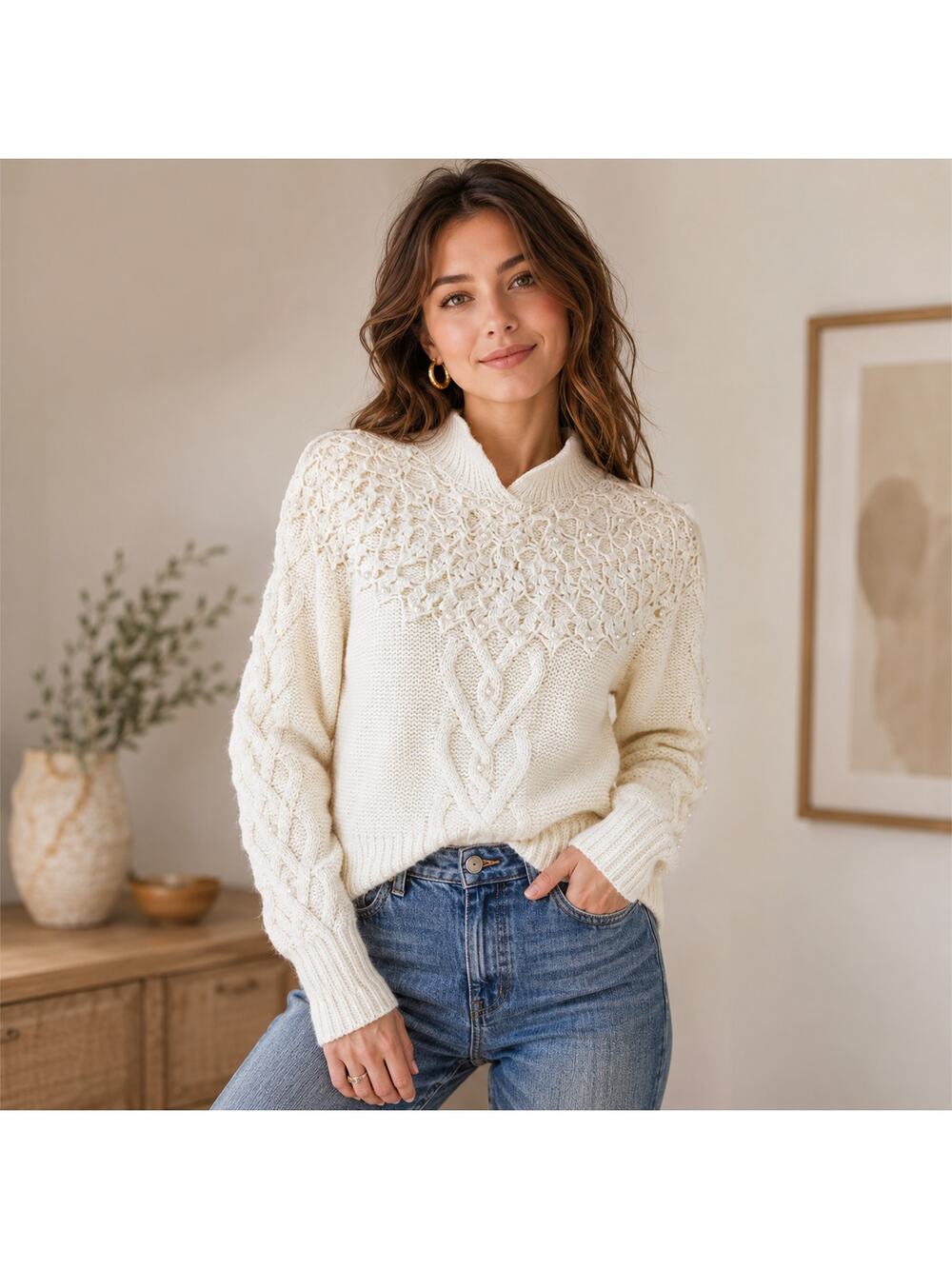 Sarah Taylor Collection VTG SZ M Cable Knit Cream Sweater Crochet Pearls 80's